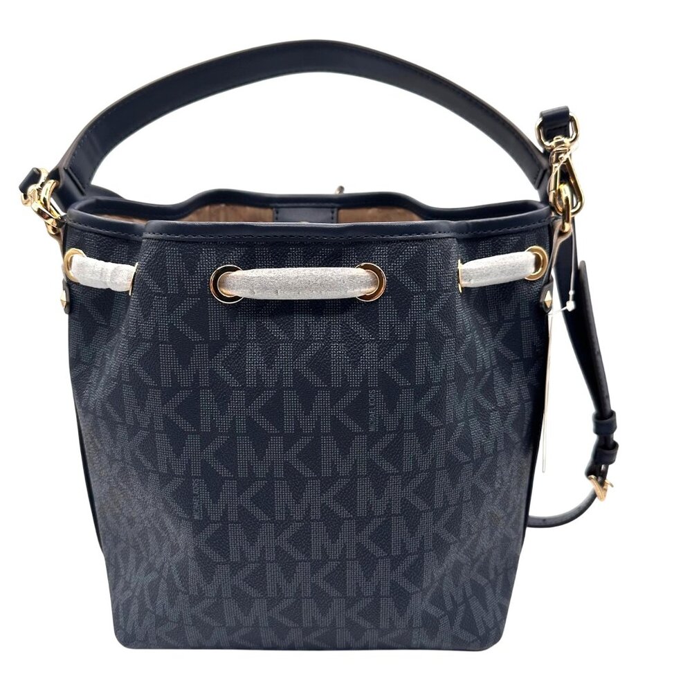 Michael Kors MK Signature Blue Bucket Bag Designer Logo Tote Gold Hardware - Picture 6 of 13